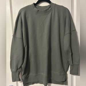 aerie the happiest textured oversized crewneck olive Green Waffle Knit Sweater